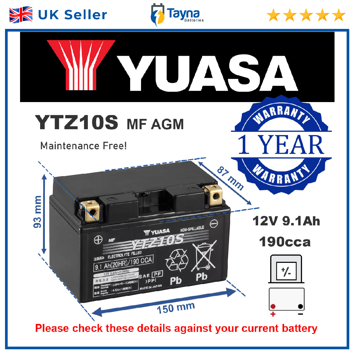 Motorcycle Battery for KTM Adventure 625 SXC Duke 640 Schwarz  Genuine YUASA