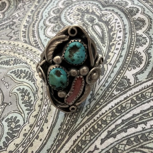Men’s Vintage Sterling Silver Double Turquoise Coral Ring Size 10.5-11 Native SW