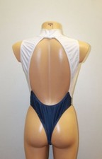 Women Thong Leotard 204-05 High Collar Open Back White/ Dark Blue Spandex Size L