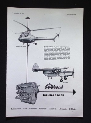 Original 1953 Werbung Blackburn und General Aircraft Cirrus Bombardier Motor