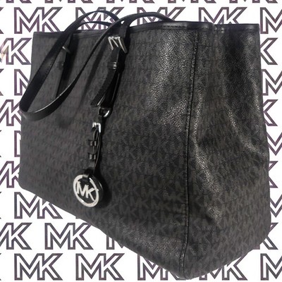 Michael Kors NWOT Jet Set Monogram Large Tote Black-Gray Silver Charm East West