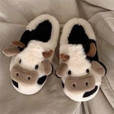 Cow Animal Face Faux Fur Slip-On Slippers Comfort Cushioned Black White