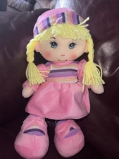 Plush Baby Girl Rag Cloth Doll- Pink Dress & Bonnet Yarn Hair Pigtails 14"