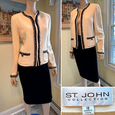 ST JOHN Sz 12/Large Black White Santana Boucl  Stretch Wool Knit Zip Skirt Suit