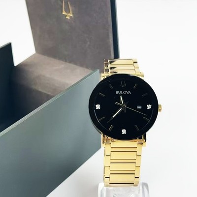 Bulova Futuro Modern 97D116 Black Diamond Dial Gold Band Quartz Men's Watch 42MM
