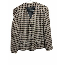 Vintage Tan Black Houndstooth Wool V-Neck Button Down Blazer 1980s Womens 12