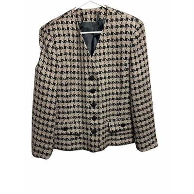 Vintage Tan Black Houndstooth Wool V-Neck Button Down Blazer 1980s Womens 12