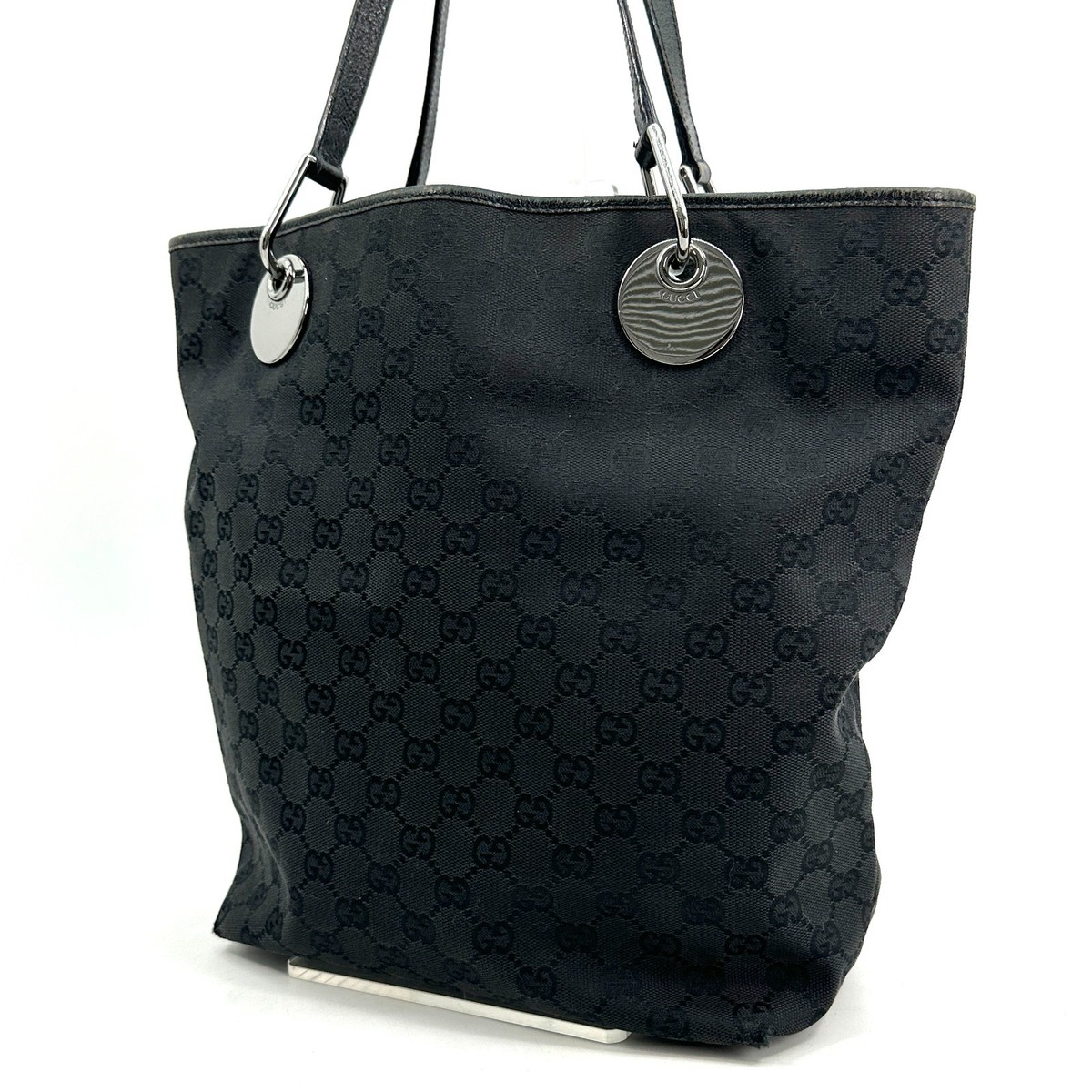GUCCI GG Canvas Tote Bag Black Round Hardware Shoulder Italy