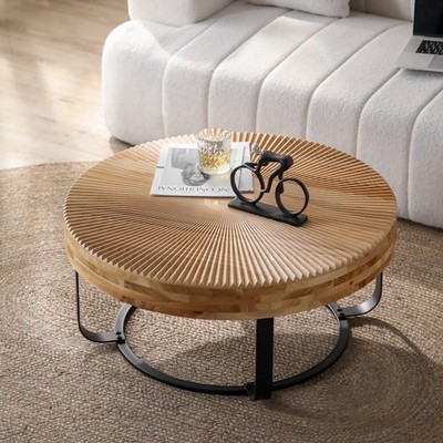 31.5'' Round Coffee Table Radial Carving Cedar Tabletop Cocktail Centre Table