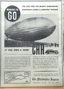 1936 Philadelphia Newspaper Page - Rare Hindenburg Dirigible Used Car Ad