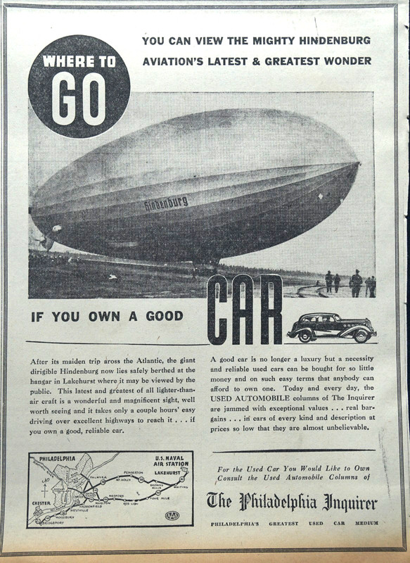 1936 Philadelphia Newspaper Page - Rare Hindenburg Dirigible Used Car Ad