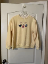 Vintage Studio Works Yellow Sweatshirt Embroidered Birdhouses Size L 90s Granny