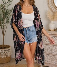 West Coast Love Black Floral Kimono S/M Sheer Boho Duster Hippie Cover Up
