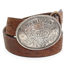 Justin Kids Tooled Western Belt Champion Buckle Brown Cowhide Leather Sz 24 USA