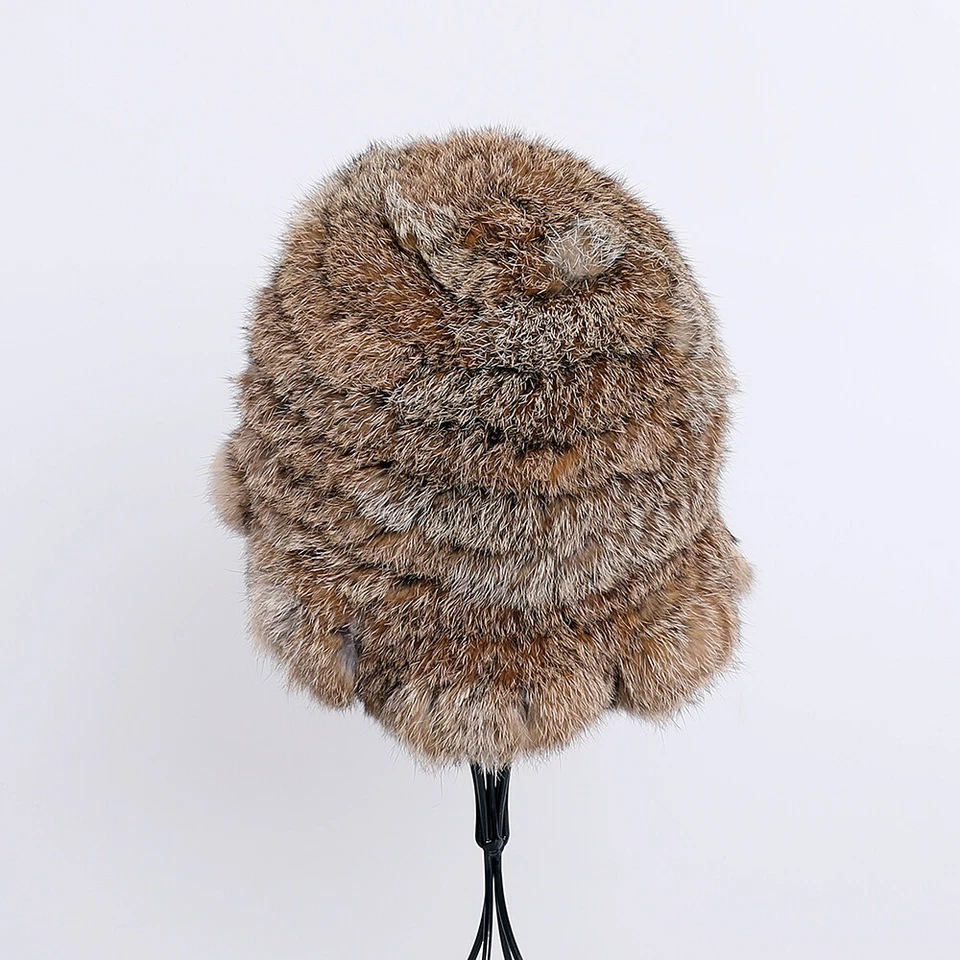 Chapéu gorro feminino inverno quente pele de coelho real malha boné balde chapéus pescador - Imagem 4 de 4