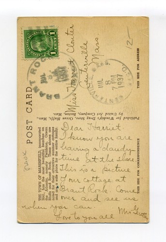 Postal de Brant Rock, Marshfield MA 1937, Fairbank Park, Summer Cottages - Imagen 3 de 3