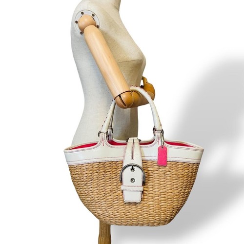Coach Basket Bag Tote Bag Soho Straw Leather White Pink Authentic From Japan - Picture 2 of 10