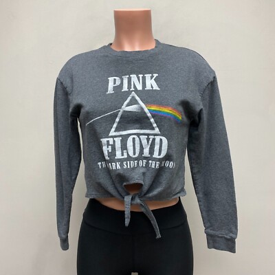 Pink Floyd Womens Gray Front Tie Long Sleeve Dark Side of Moon Cropped Top S