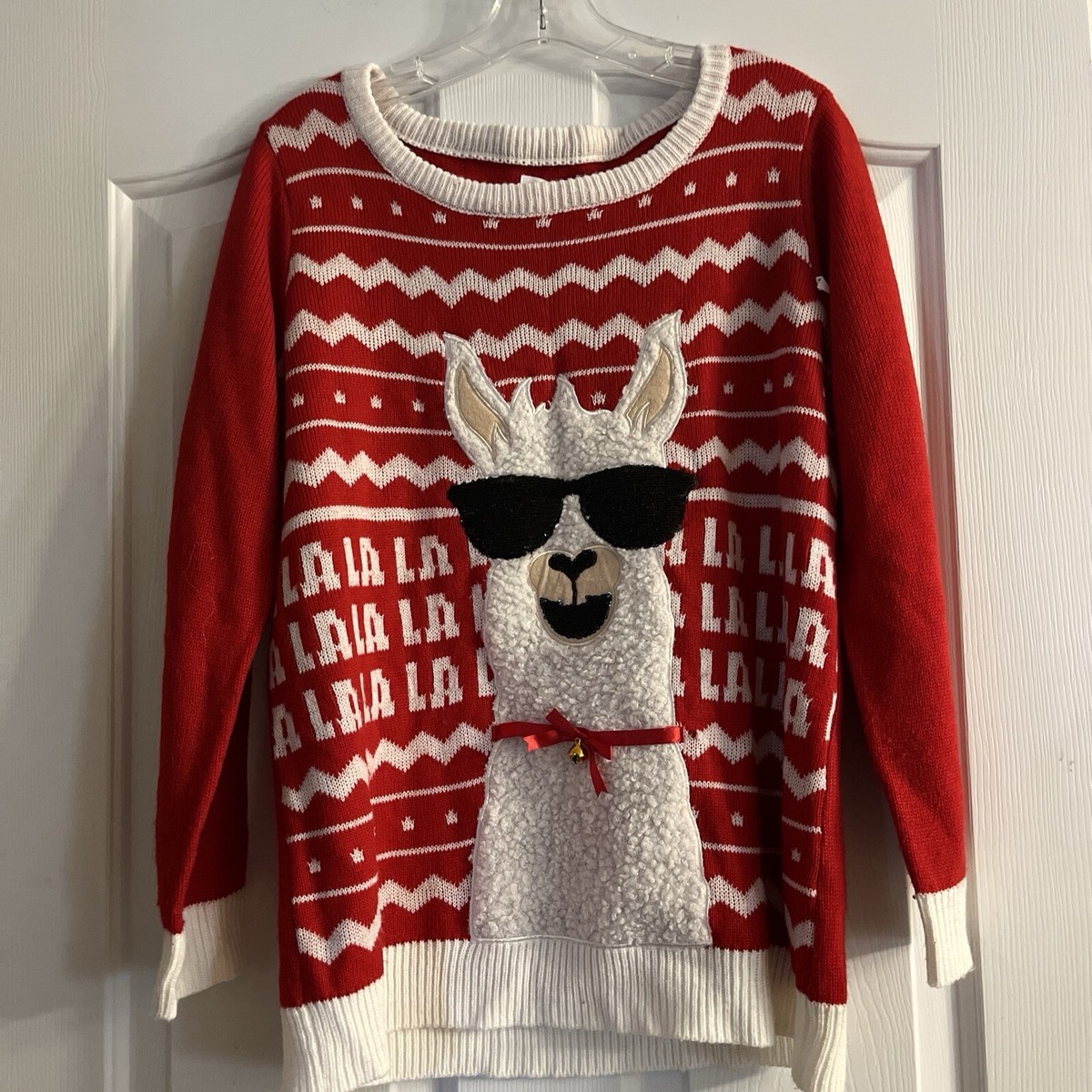 LA LA LLAMA Christmas Long Sleeve Sweater With Bell Red Women’s Small
