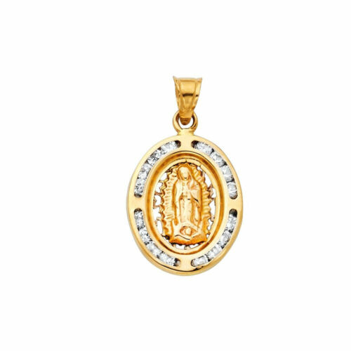 14k Real Solid Yellow Gold Virgen Lady Guadalupe CZ Oval Pendant Oro Solido Dije - Picture 1 of 3