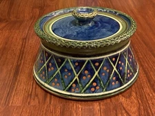 Vintage MCM Blue Green Lidded Dish. Hand Painted Pottery. Mid Century Modern.