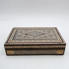 Vintage Marquetry Trinket Storage Box Intricate Inlay Wood Mother of Pearl