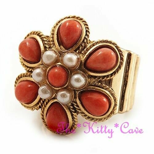 Regency Baroque Vintage Gold & Coral Orange Pearl Flower Statement Cocktail Ring - Picture 1 of 11