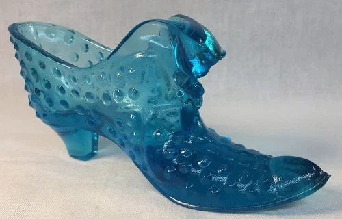 Fenton Art Glass Blue Hobnail Cat Head Shoe