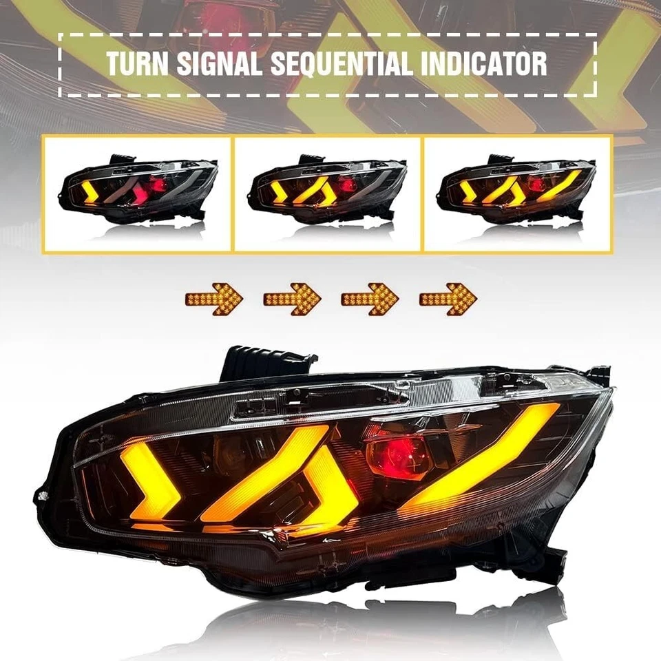 For 2016-2021 Honda Civic LED Headlights Sequential Signal Blue Animation Pair - Image 4 of 4