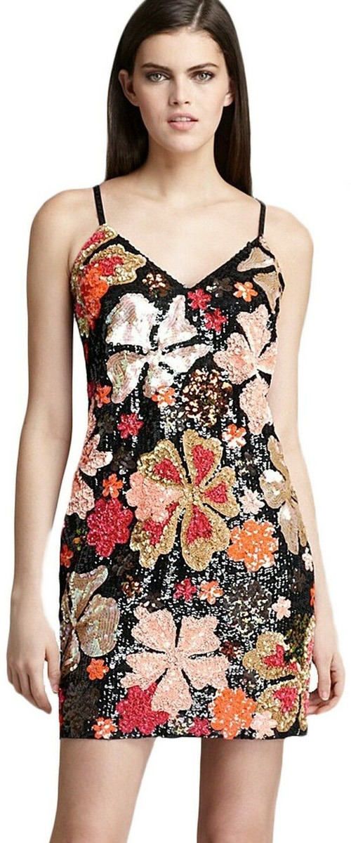 french connection sequin flower dress Multi Floral Bouquet Sequin Dress with Illusion Back 2