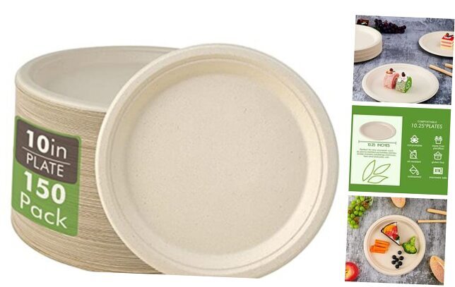 150 Pack Compostable Disposable Paper Nature Paper Round 10 IN Round Plates