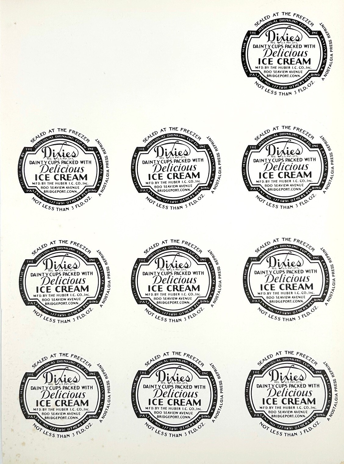 1942 Dixies Movie Star Lids Ice Cream Proof Board 1990's NOSTALGIA Reprint - NEW