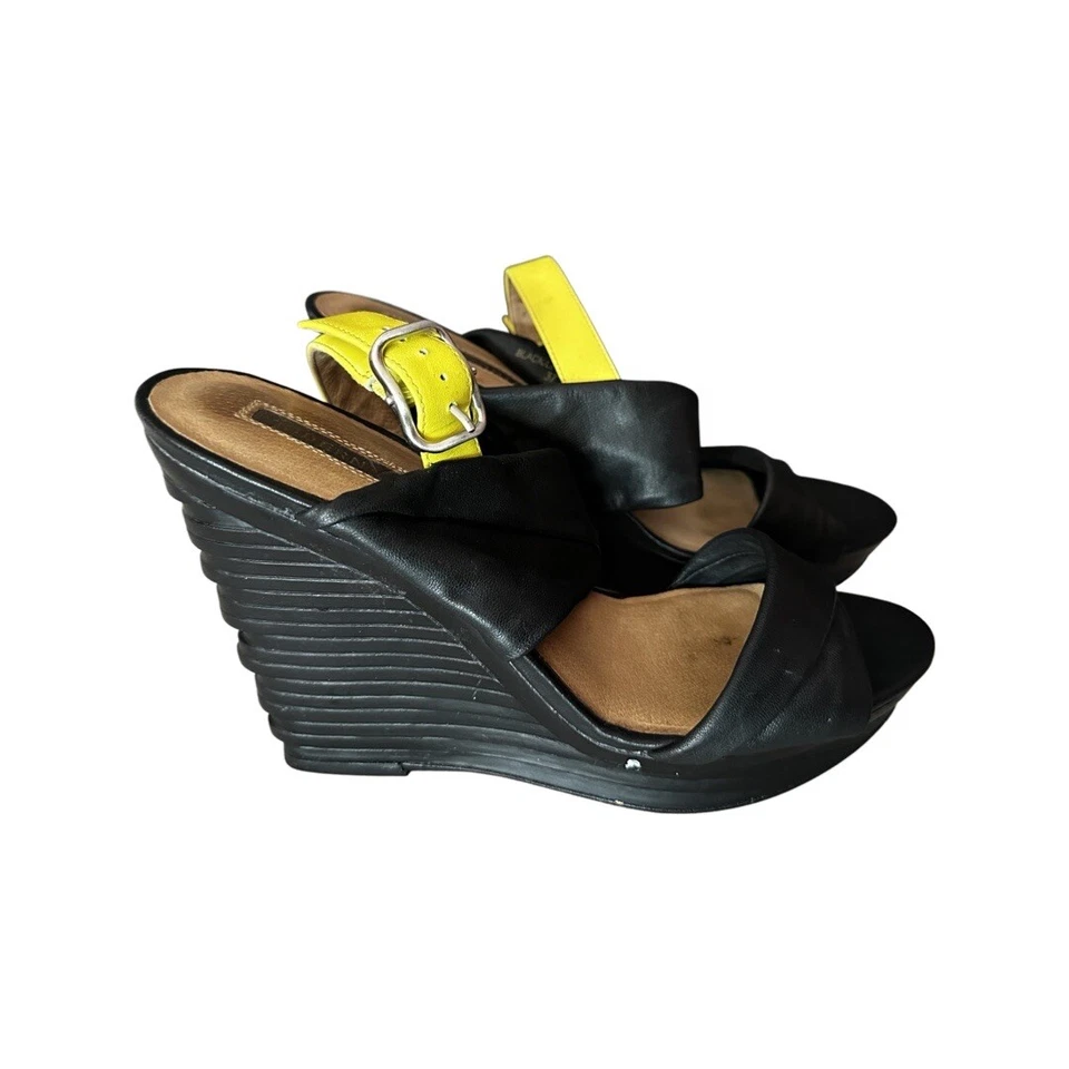 Zapatos de salón modernos vintage de tacón de cuña talla 6/37 cuero limón negro punta abierta Foto 4 de 4