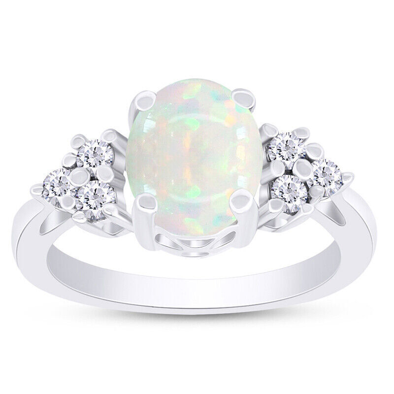 Solitaire Engagement Ring Simulated Opal 14K White Gold Plated Sterling-image