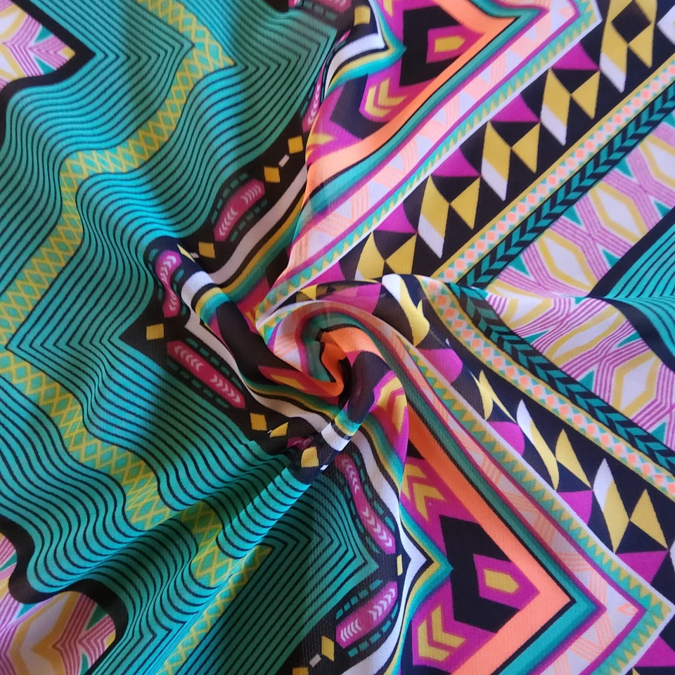 Funky Neón Zig Zag Estampado Tela Multicolor Verde Gasa Ropa Transparente por Yarda Foto 4 de 4