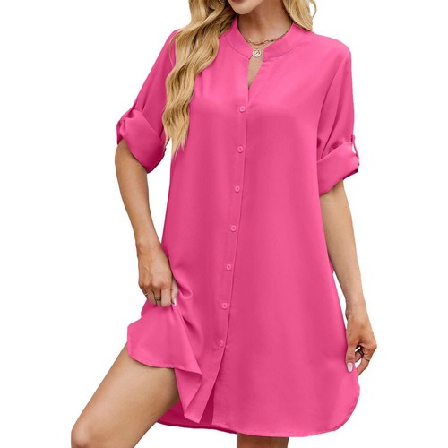Women's Summer Button Down T Shirt Dress Casual Short Sleeve V-Neck Shirt Dress - Afbeelding 14 van 20