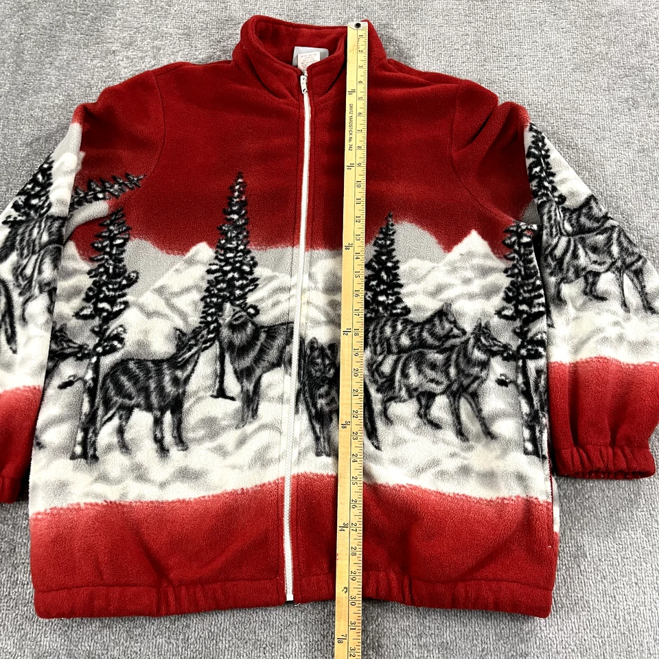 Chaqueta Suéter BLAIR Mujer Grande Roja Blanca Lobo Lobos Naturaleza AOP Vellón Años 90 Foto 3 de 4