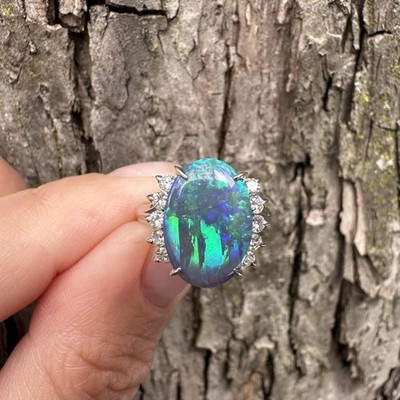 Platinum 3.43ctw GIA Long Oval Fiery Australian Black Opal Diamond Ring