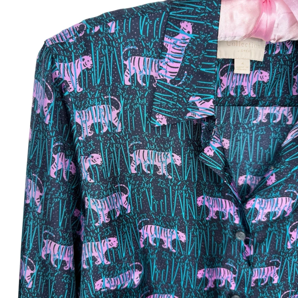 NUEVO SIN ETIQUETAS J Crew Collection Camisa de Seda Blusa con Botones Tigres Itinerantes Rosa Verde azulado Talla 4 Foto 2 de 4