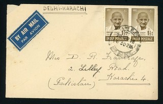 India 1948 SG 305 GANDHI PAIR on Airmail Cover DELHI KARACHI