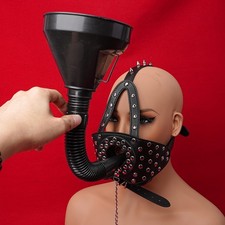 PU Leather Open Mouth Gag Head Harness Mask Bondage Hood Restraints with Funnel