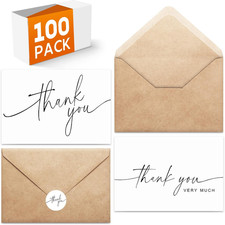 100 PACK Thank You Cards Bulk with Kraft Envelopes and Matching Stickers, 4x6 In