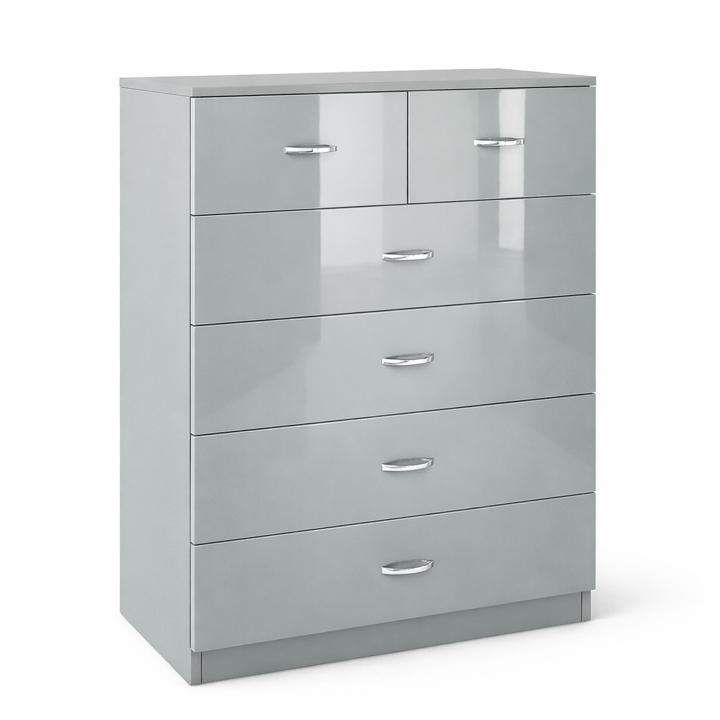 Grey 6 Drawer Sideboard / Cupboard / Buffet / Chest with High Gloss Fronts