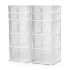 Homz Clear Plastic 5 Drawer Home Storage Container Tower, White (2pk) (Open Box)