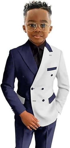 Patchwork Boy Suits Peak Lapel Double Breasted Wedding Groom Ring Bearer 2 Piece - Picture 5 of 33