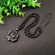 Feng Shui Black Obsidian Rose Pendant Necklace Stone of Protection
