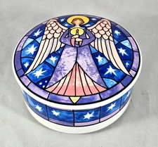 Mikasa Christmas Angel Blue Ceramic Trinket Candy Dish w Lid Stained Glass Style