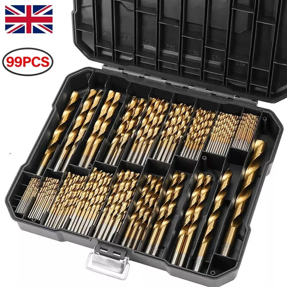 99Pcs Titanium Coated HSS Drill Bit Set 1.5-10mm for Wood Metal Kit with Case UK