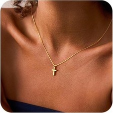 Cross Necklace for Women Trendy - Dainty 14K Real Gold Plated Minimalist Cz...