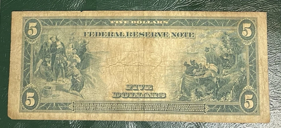 1914 US $5 Federal Reserve Blue Seal Atlanta 6F Horseblanket Note Columbus - Image 2 of 2